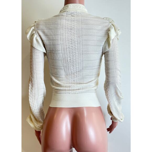 Chloe Knit Sweater Size S Vanilla Ice Ruffle Puff Sleeve MOP Buttons Mock Neck - Picture 5 of 16